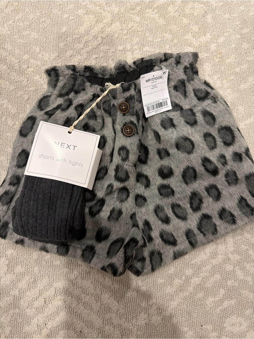 next Grey Leopard Print Faux Fur High Waist Shorts with Dark Grey Tights